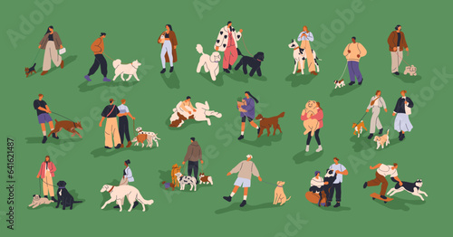 People walking with dogs. Pet owners leading cute puppies on leash. Characters with companion pups. Men, women, friends, couples strolling with doggies, canine animals. Flat vector illustrations set