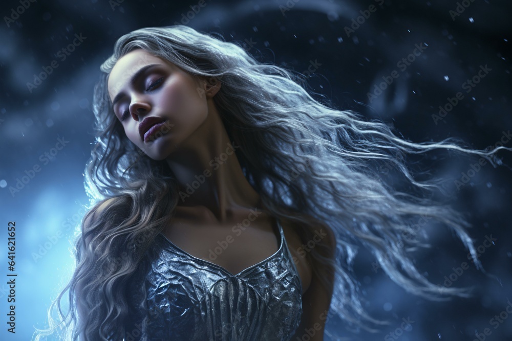 A woman with flowing hair standing in the rain A woman with flowing hair standing in the rain