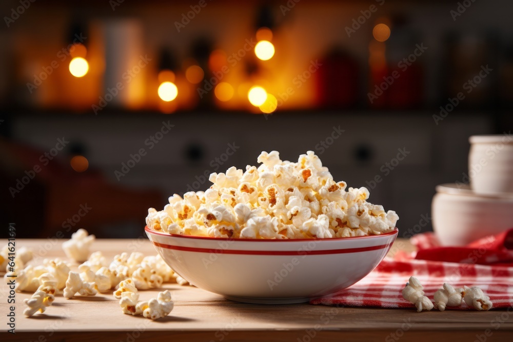 Bowl with popcorn on the kitchen table Bowl with popcorn on the kitchen table