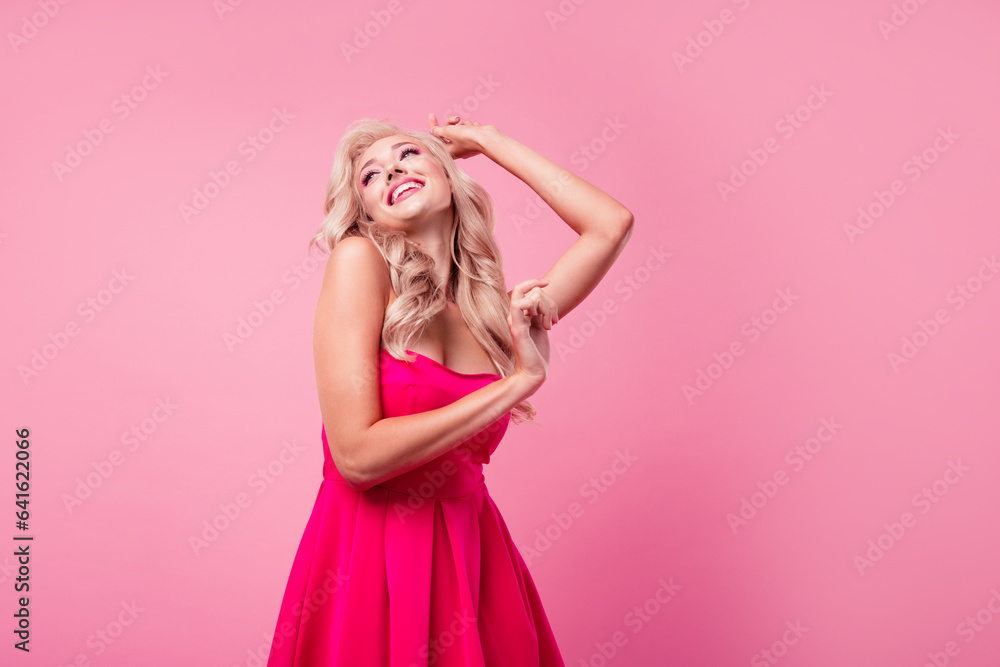 Photo of cool dreamy lady wear sexy dress disco dancing disco having fun empty space isolated pink color background