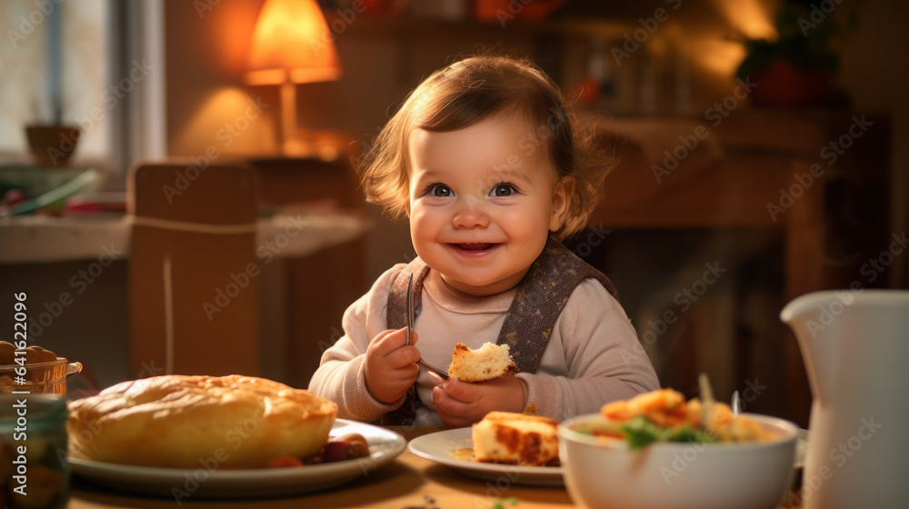 Cute baby cheerful with eating in the living room