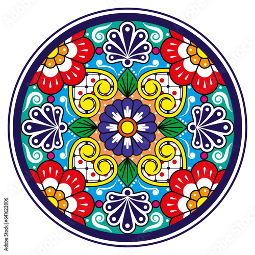Mexican Talavera pottery or ceramics style vector plate design, round decorative background inspired by traditional designs from Mexico 
