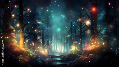 Fantasy dark shiny forest with fog, trees and lights. Christmas background