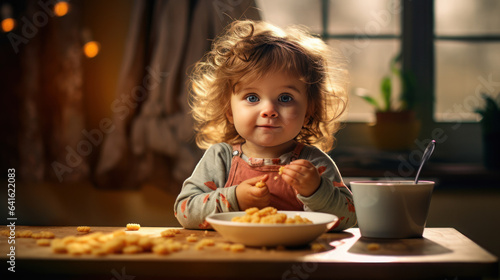 Cute baby happy with eating in the living room