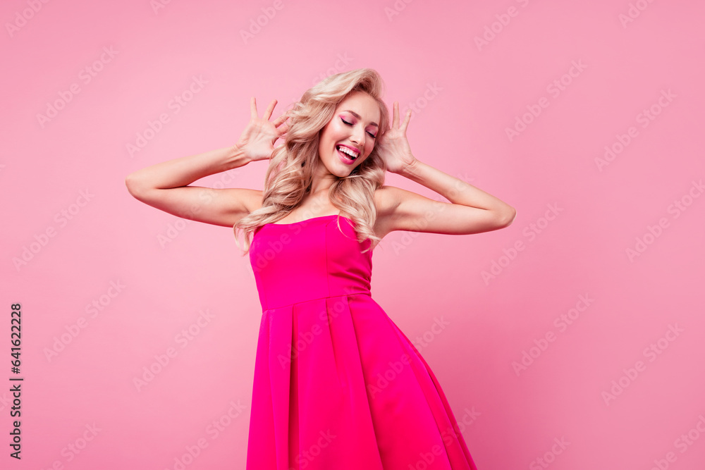 Photo of pretty cool lady wear sexy dress disco having fun dancing disco isolated pink color background