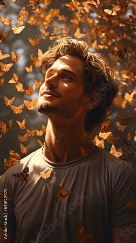 A man surrounded by a vibrant swarm of butterflies