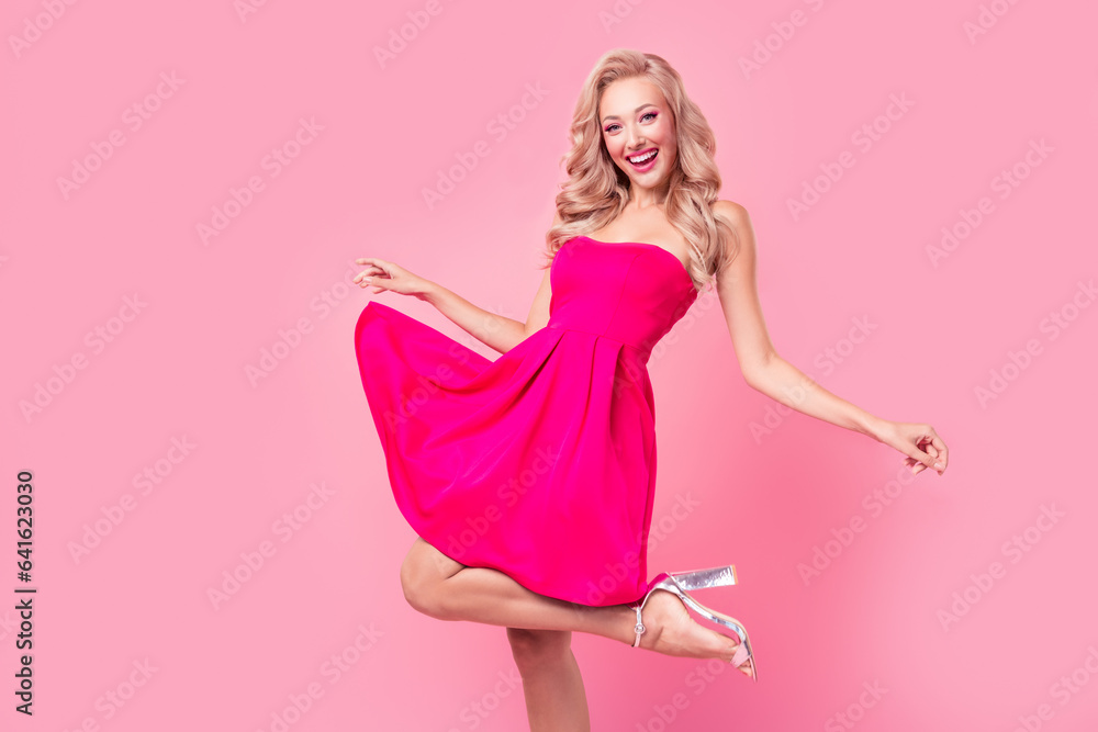 Photo of overjoyed cheerful lovely elegant lady enjoy dancing chilling isolated on bright pink color background