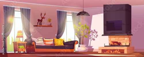 Living room interior with fireplace at home cartoon illustration. Sofa near wall inside cozy house vector design. Chalet livingroom lounge with carpet, couch and tv. Beautiful fireside hotel apartment