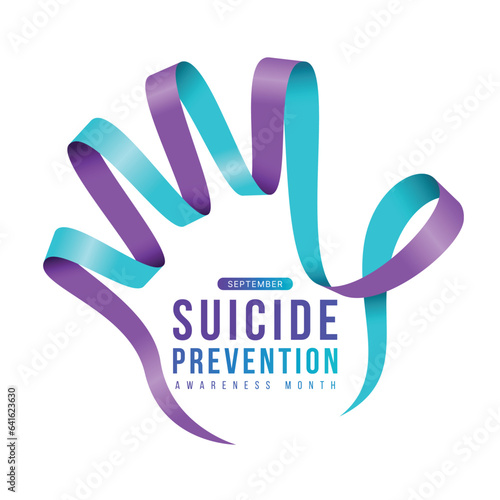 Suicide prevention awareness month text in Teal and purple ribbon awareness sign with roll waving to hand stop shape vector design