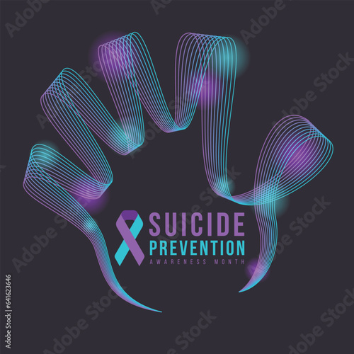 Suicide prevention awareness month text and Teal and purple ribbon awareness sign in Teal and purple hand stop sign with line blend style on black background vector design