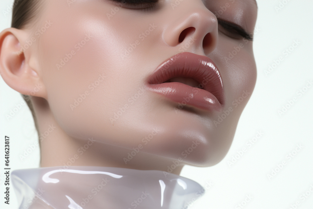Fototapeta premium Beauty, fashion, make-up concept. Beautiful model close-up face portrait representing natural and beautiful make-up. Sensual mood and bright background and bright illuminated model. Generative AI