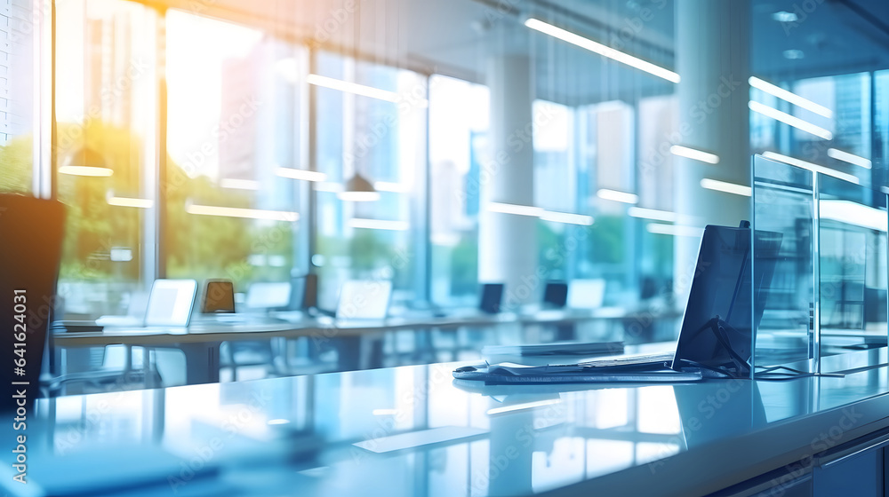 Beautiful blurred background of a light modern office interior with panoramic windows and beautiful lighting Beautiful blurred background of a light modern office interior with panoramic windows and beautiful lighting