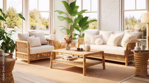 A living room with rattan furniture in neutral colors, such as beige, brown, and white. Interior design using rattan furniture and neutral color concept