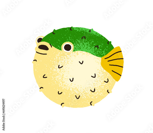Funny puffer fish. Cute tropical exotic pufferfish, spiked blowfish, round sp...