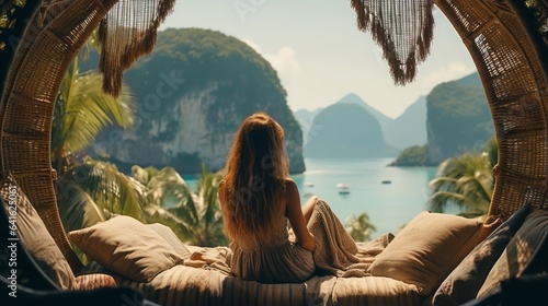 Traveler woman relaxing on straw nests using tablet at Raila photo