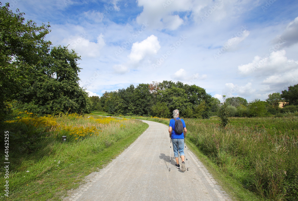 Fototapeta premium A senior does Nordic walking in Kienbergpark Berlin-Marzahn, Germany
