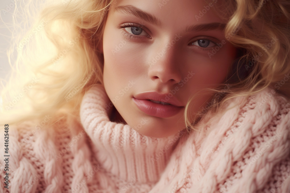 A Nordic model exuding warmth and style, wrapped in a cozy pink wool sweater for the winter season. A Nordic model exuding warmth and style, wrapped in a cozy pink wool sweater for the winter season.