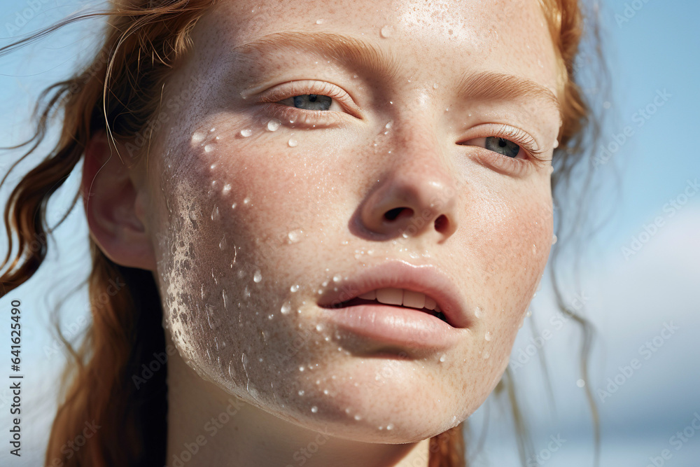 An enchanting portrait of a woman with wet freckled skin, capturing the allure of moisture and beauty. An enchanting portrait of a woman with wet freckled skin, capturing the allure of moisture and beauty.
