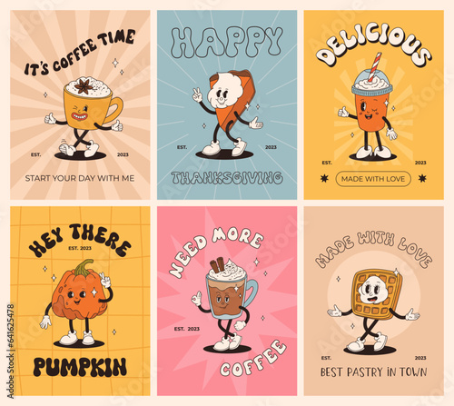 Funny Retro cartoon Pumpkin Character in groovy 50s, 60s, 70s Vintage Style. Happy Autumn mascot with pumpkin spice latte, pumpkin pie, pudding, cake, cupcake, waffles, donut and coffee.