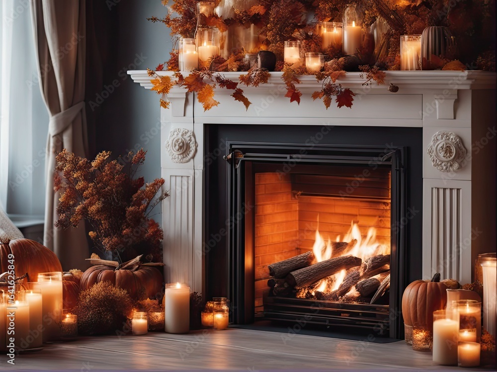 Autumn fireplace and pumpkin, cozy living room backdrop