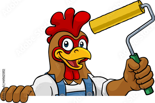 A chicken or rooster painter decorator handyman cartoon construction man mascot character holding a paint roller tool