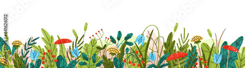 Floral border with summer flowers, blooms, green leaf plants. Field and meadow wildflowers, leaves, horizontal nature decoration on banner, natural background. Isolated flat vector illustration
