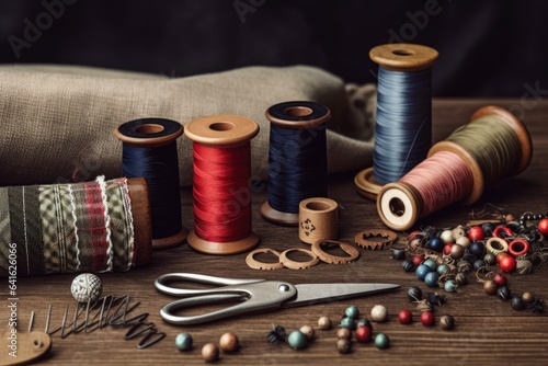 This retro sewing item set includes tailoring scissors, a cutting knife, a thimble, wooden thread spools, a cushion with pins, fabrics, and sewing accessories.Generative AI