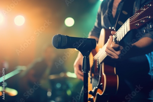 This is an image of a guitarist performing on stage with a microphone, with a soft and blurred background effect.Generative AI
