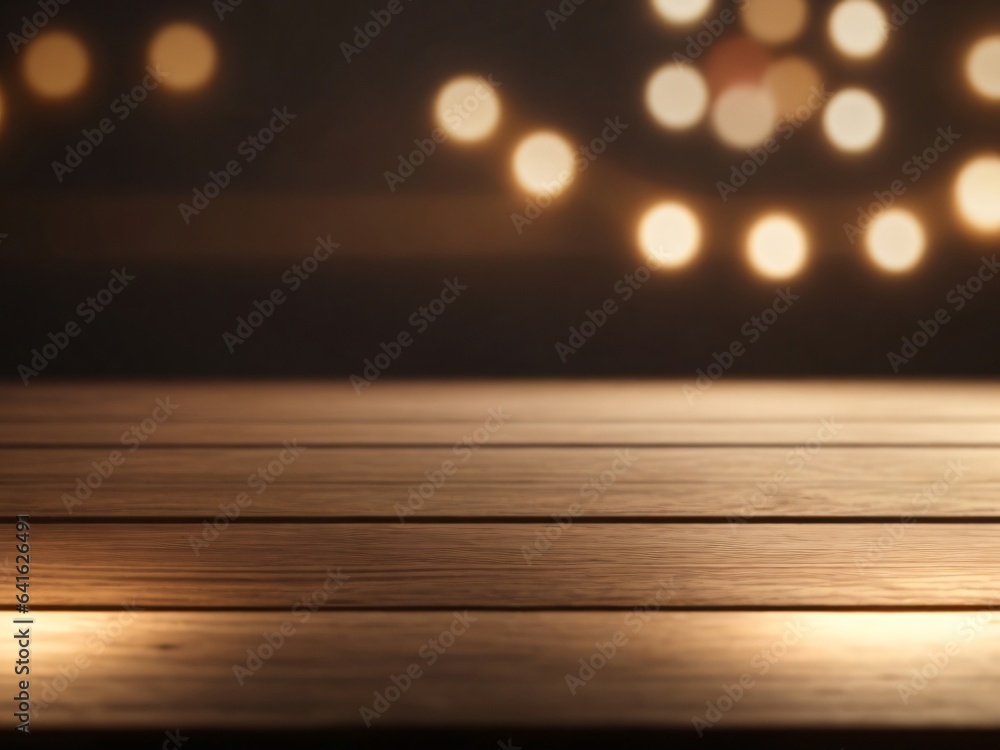 Empty wooden table and blurred background of cafe with bokeh lights Empty wooden table and blurred background of cafe with bokeh lights