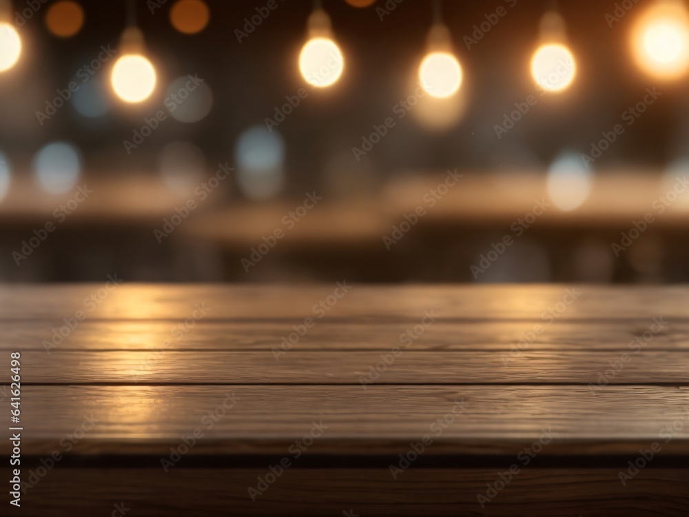 Brown wooden tabletop with blur cafe background