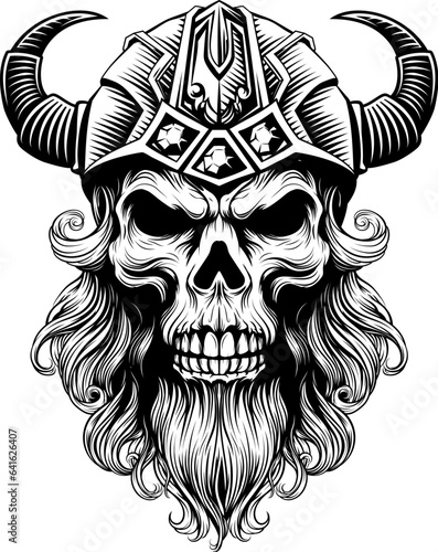 A Viking skull skeleton warrior or barbarian gladiator man mascot face looking strong wearing a helmet. In a retro vintage woodcut style.