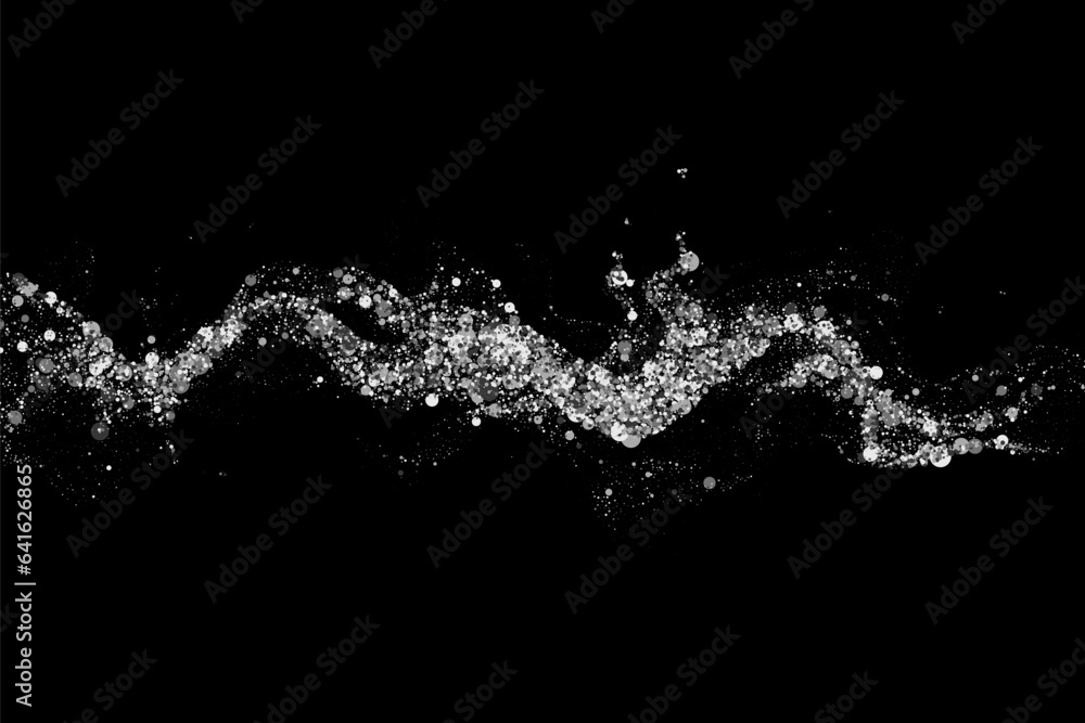 Silver wavy design element with glitter effect on black background, wave of silver sparkles.