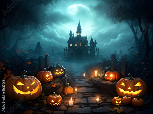 halloween background with pumpkin in path and castle ai generated