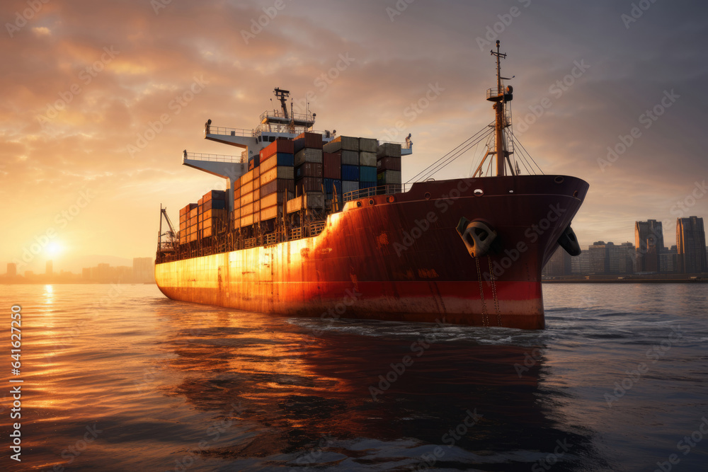 container cargo ship at sunset, import export commerce business concept