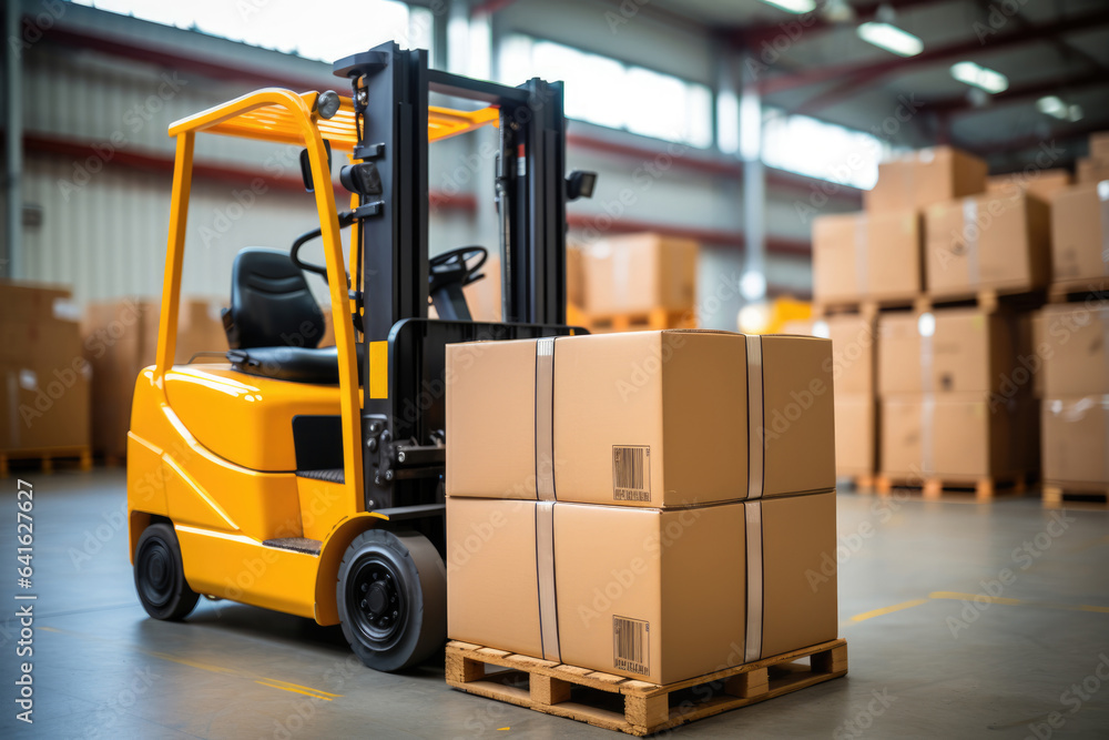 Yellow forklift truck with cargo in warehouse