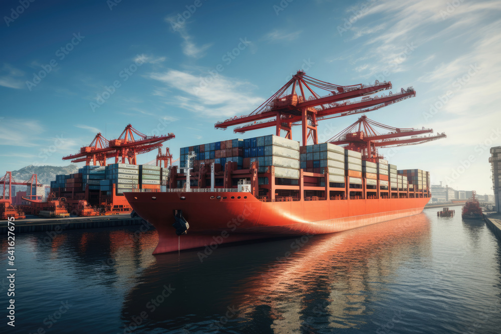 Fototapeta premium container cargo ship on loading in port, commercial business concept, product delivery