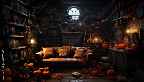 living room with halloween decorations