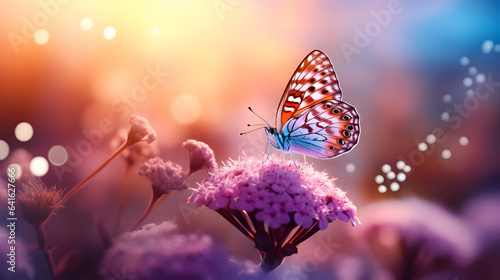 Beautiful natural pastel background. Butterfly and flower against on a background of sunrise © Planetz