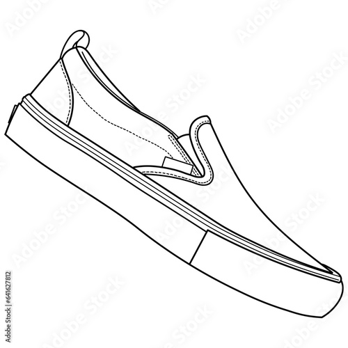 hand drawn sneakers, moccasin, slipon, gym shoes, side and sole view. Image in different views - front, back, top, side, sole and 3d view. Doodle vector illustration.	
