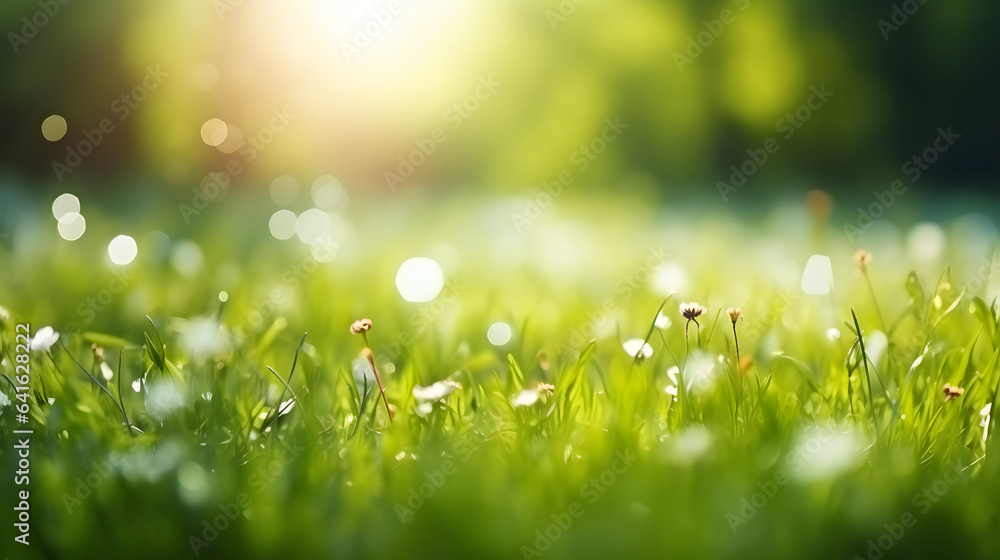 Defocused Springtime Backgrounds, Fresh Green Field Grass against Sunny Sky