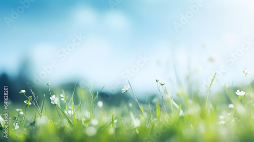 Defocused Springtime Backgrounds, Fresh Green Field Grass against Sunny Sky