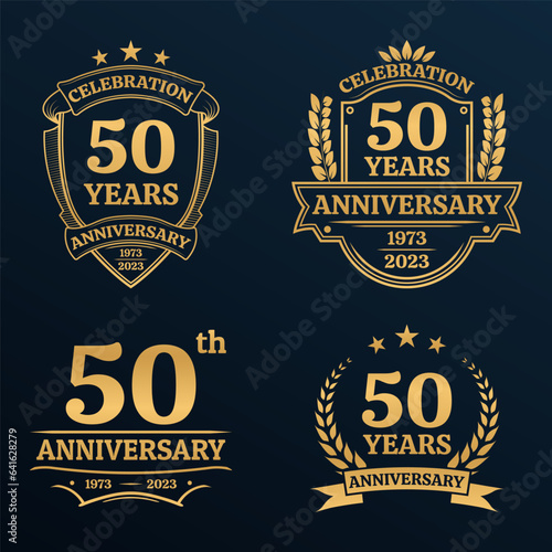 50 years anniversary icon or logo set. Vintage birthday banner design. 50th anniversary jubilee celebration golden badge or label collection. Vector illustration.