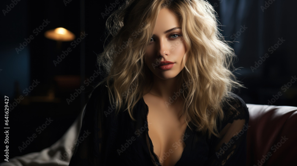 Fototapeta premium Beautiful sexy lady in elegant black lingerie. Portrait of fashion model indoors.