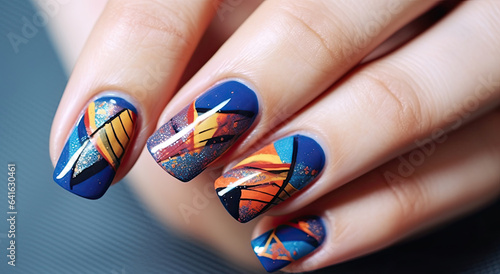 a woman with colourful manicure design on it's nails 