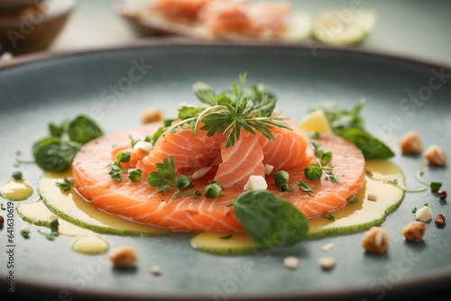 carpaccio of salmon, salmon, trout with sauce and basil.ai generation