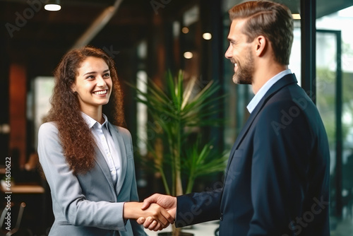 Happy Woman Manager Shaking Hand With A New Employee That Has Been Hired. Ai Generated