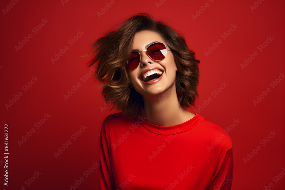 Young lady with red lipstick and wearing red dress and glass smiling and having fun on isolated red background Young lady with red lipstick and wearing red dress and glass smiling and having fun on isolated red background