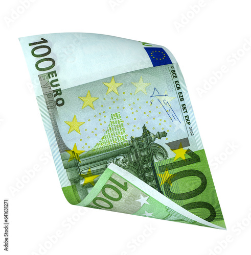 One bent and flying banknote 100 euro isolated on transparent png background. Finance concept