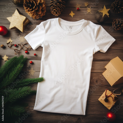Blank white t-shirt lying in a sleeping position on a wooden table, beside it are several Christmas stuff