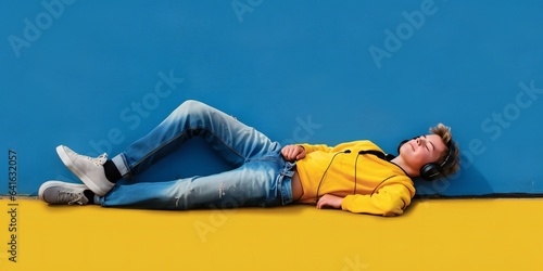 Front view of a young boy wearing casual clothes lying on the ground